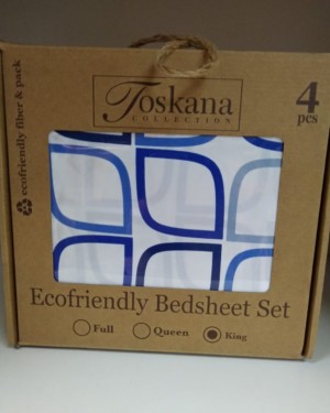 SET DE SABANAS KING TOSKANA 4 PIEZAS ECOFRIENDLY BLANCO CON DISEÑO AZUL